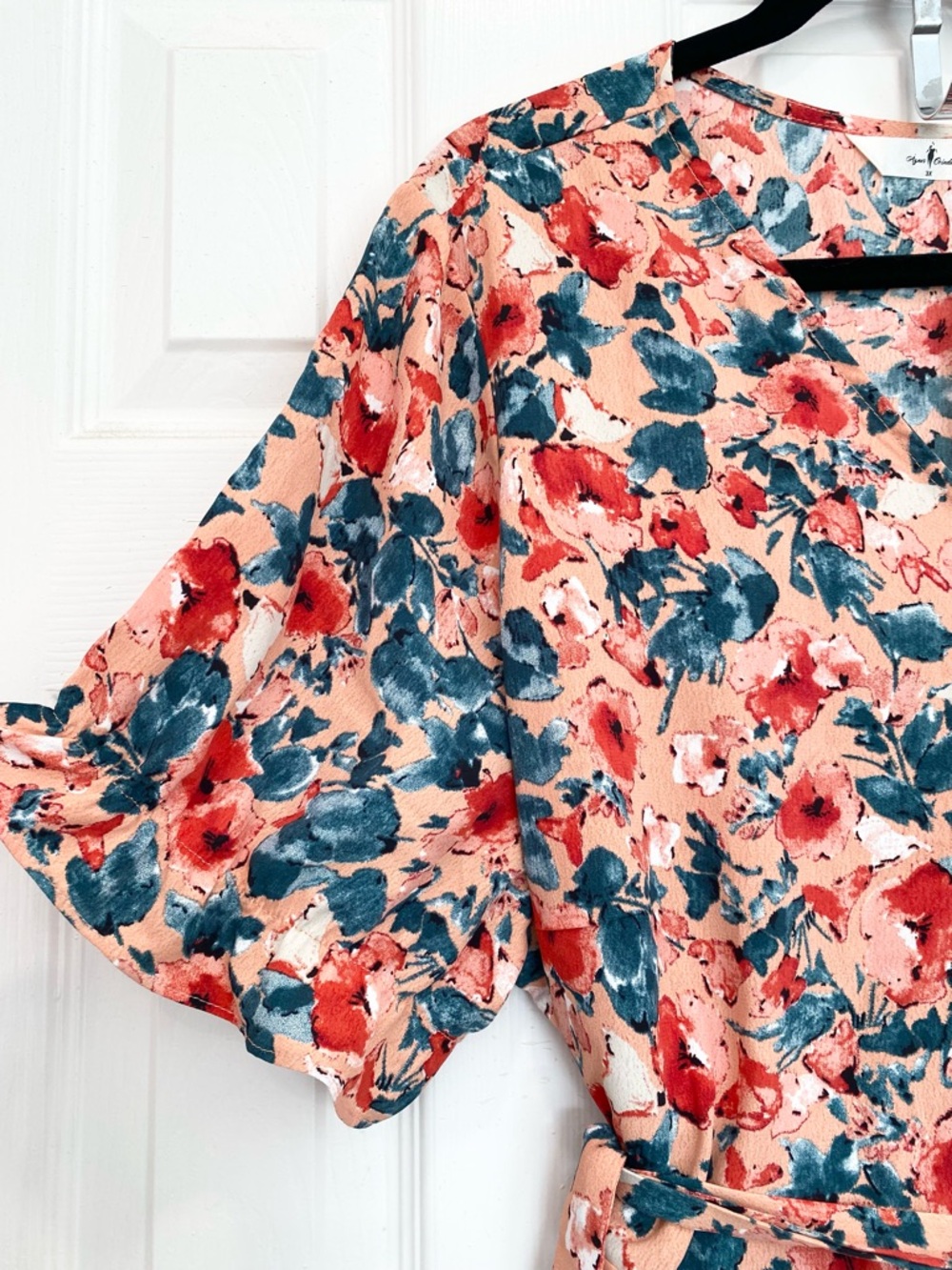 Plus Size Wrap Belted Tops Floral V-neck Ruffle Short Sleeve Peplum Blouse, 3X - Picture 8 of 15
